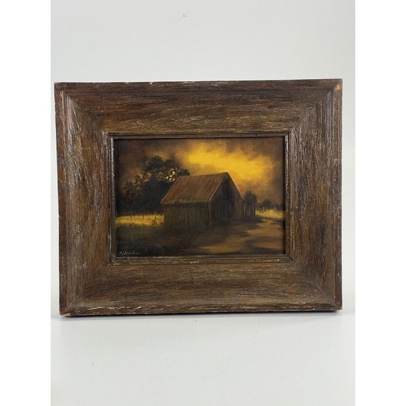 TEXAS ARTIST M. VERMILLION SIGNED OIL LANDSCAPE PAINTING-CABIN YELLOW SKY TREES - Picture 5 of 14